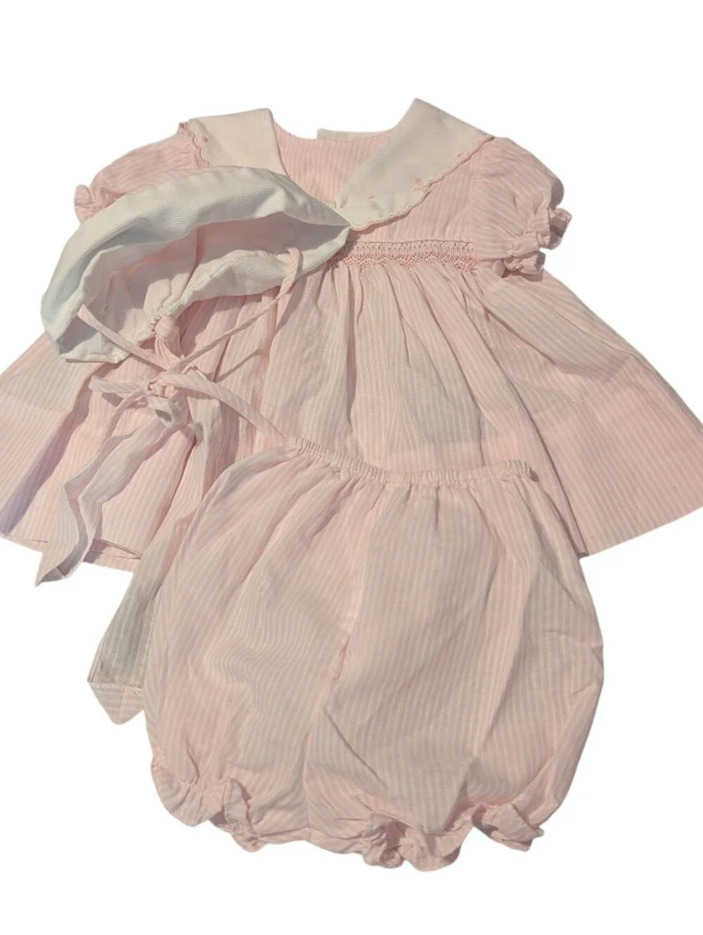 Vintage Carter's 3pc Pink‎ Seersucker Dress Bonnet Set Nautical Smocked